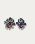 Pink Gemstone Teardrop Floral Stud Earrings - Oxidized Silver Pearl Accents