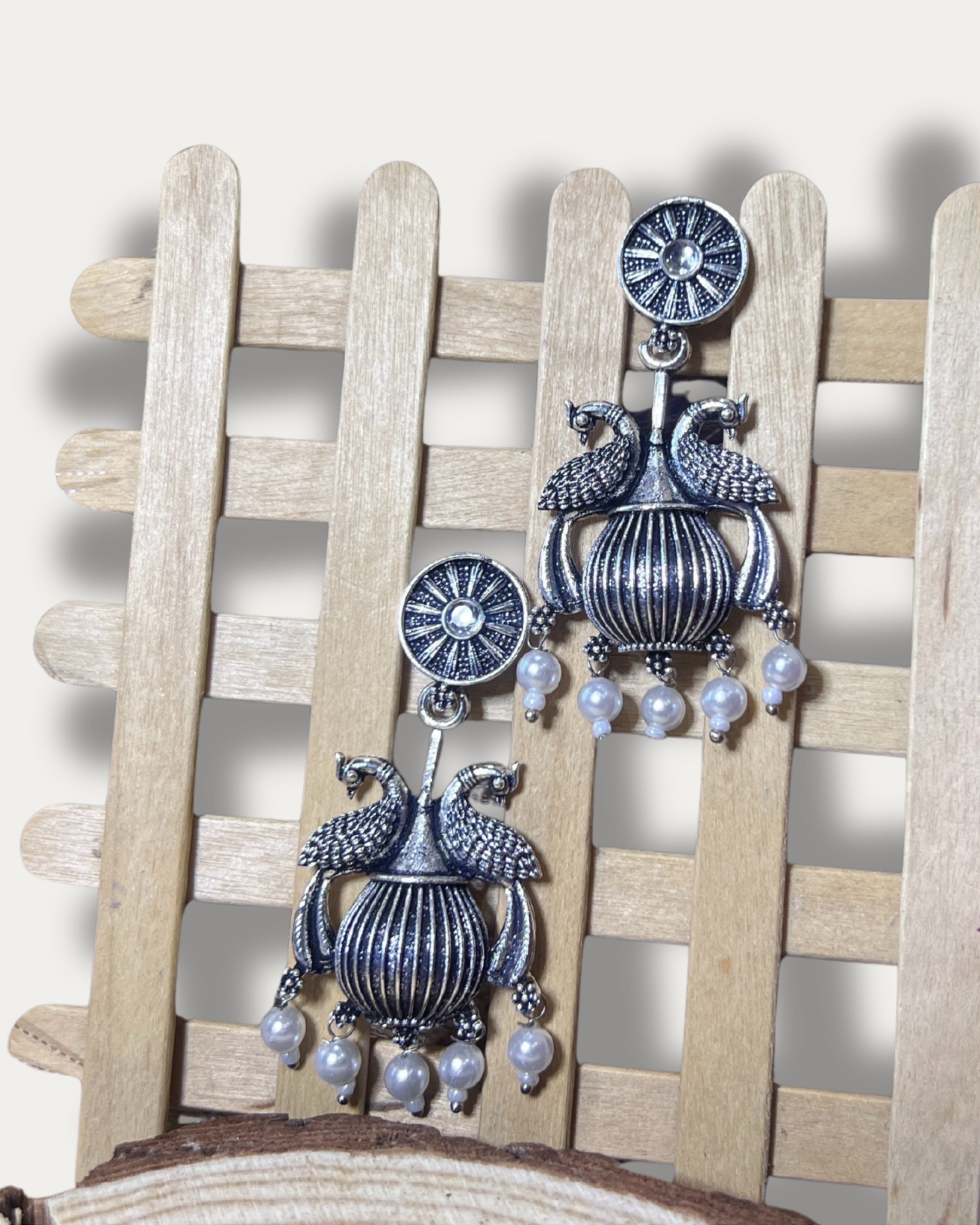 Peacock Filigree Stud Earrings - Oxidized Silver Pearl Dangle