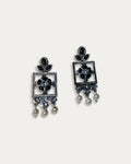 Victorian Black Floral Oxidized Silver Drop Earrings with Pearls