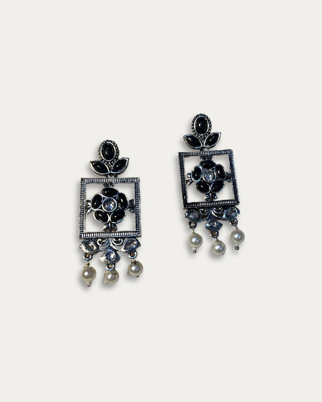 Victorian Black Floral Oxidized Silver Drop Earrings with Pearls