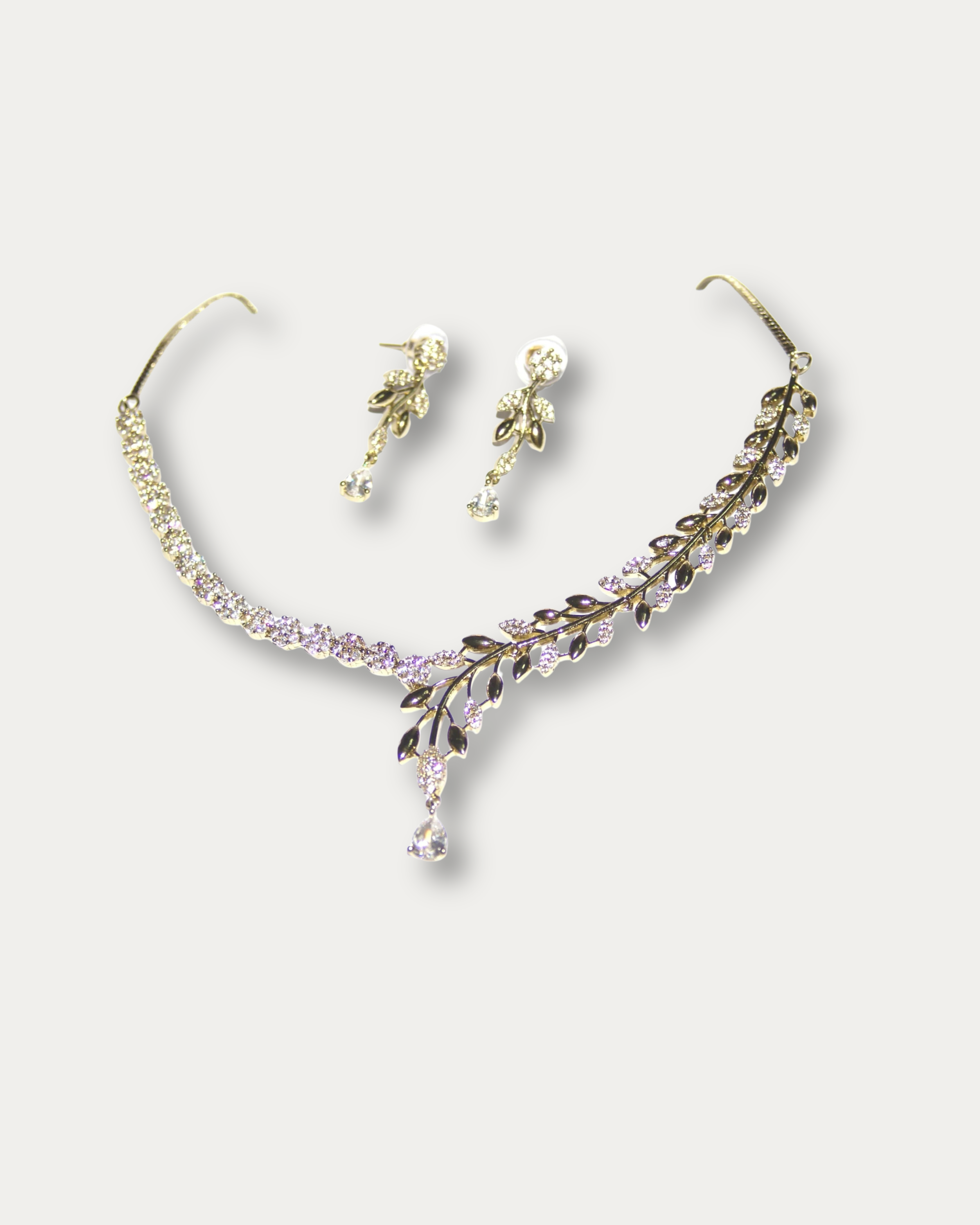 Elegant Gold-Tone Leaf Branch Necklace with Crystal Teardrop Pendant