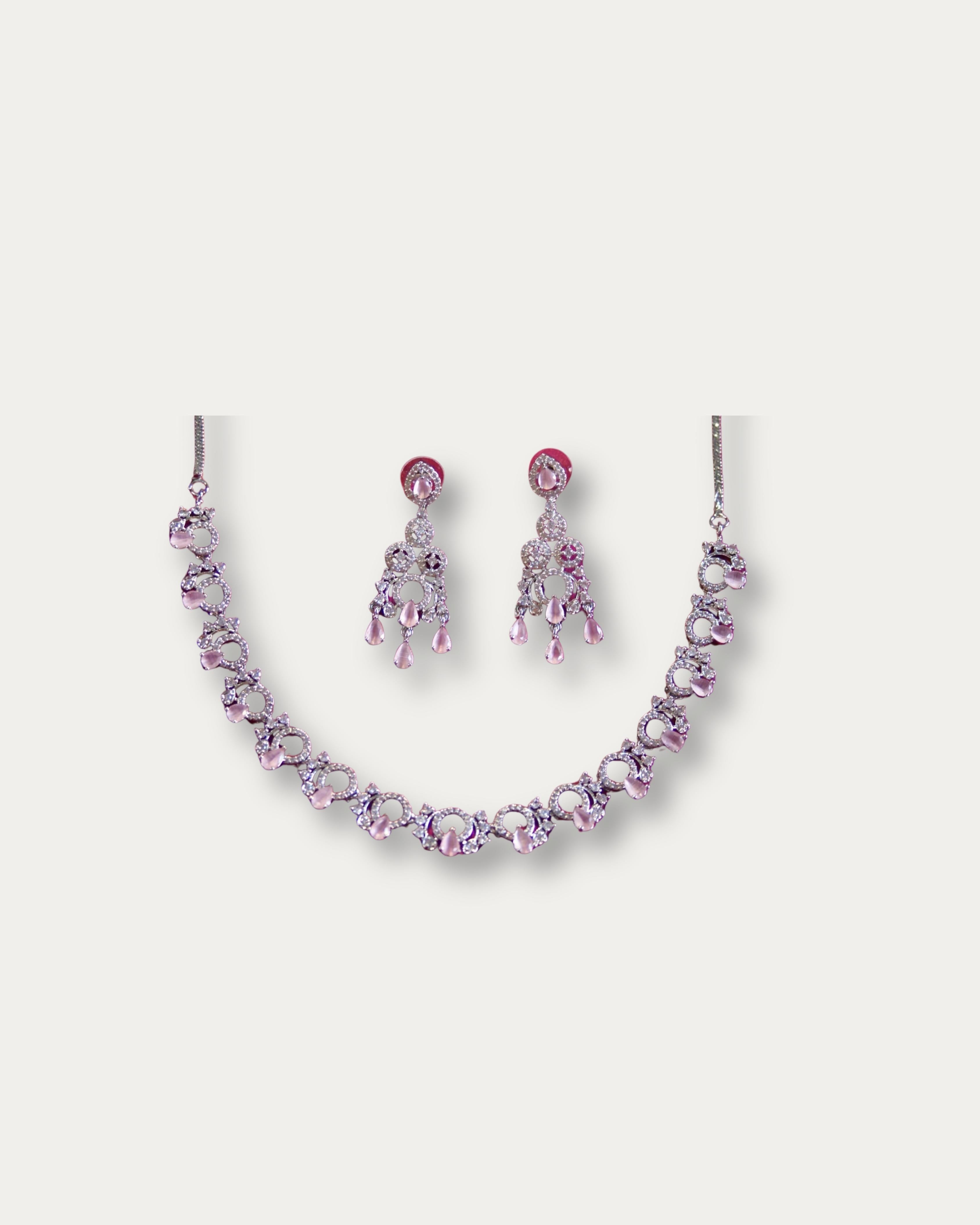 Elegant Silver-Tone Necklace and Earrings Set with Pink Teardrop Accents
