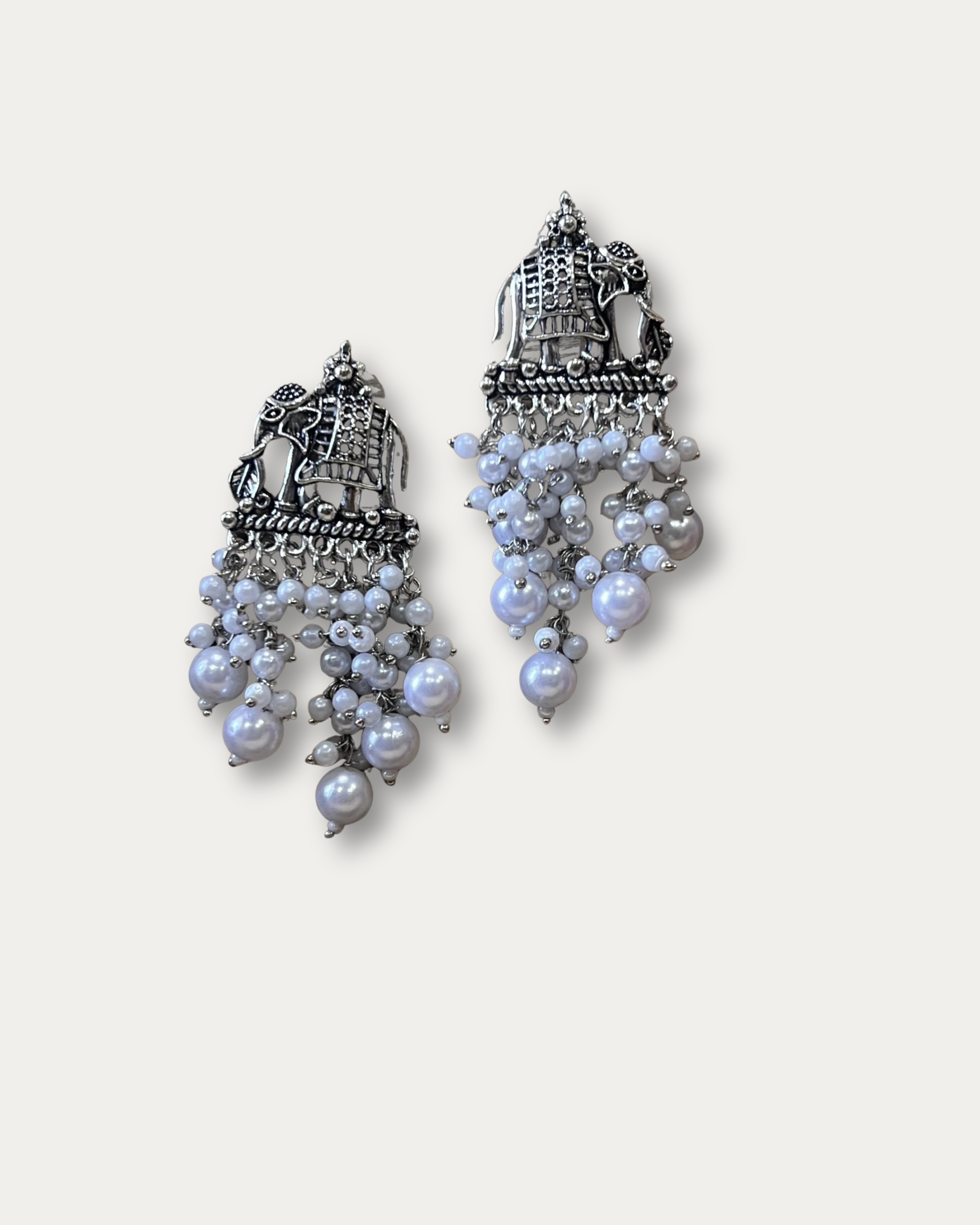 Oxidized Silver Elephant Jhumka Earrings - Pearl Dangle