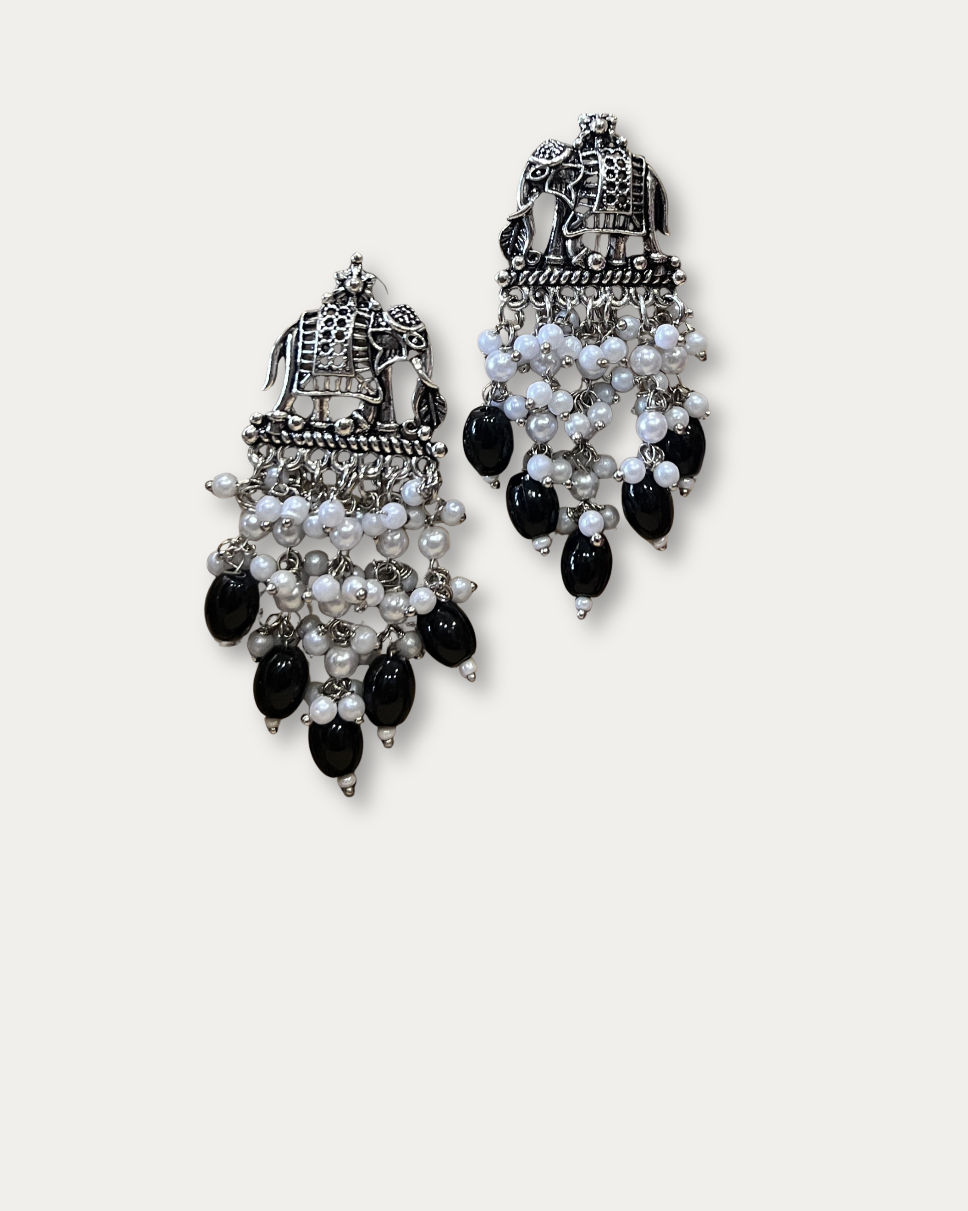 Oxidized Silver Elephant Jhumka Earrings - Pearl Dangle