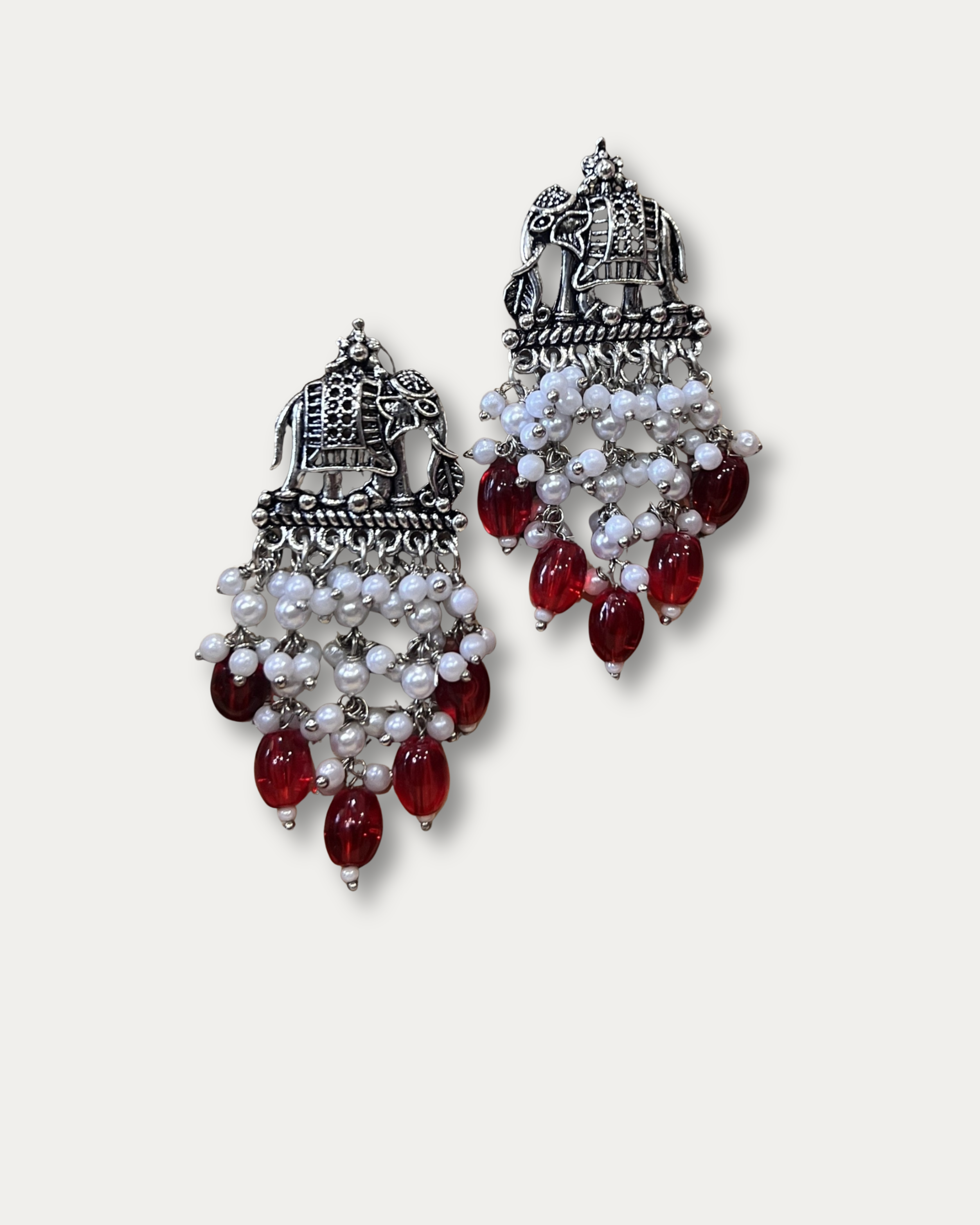 Oxidized Silver Elephant Jhumka Earrings - Pearl Dangle
