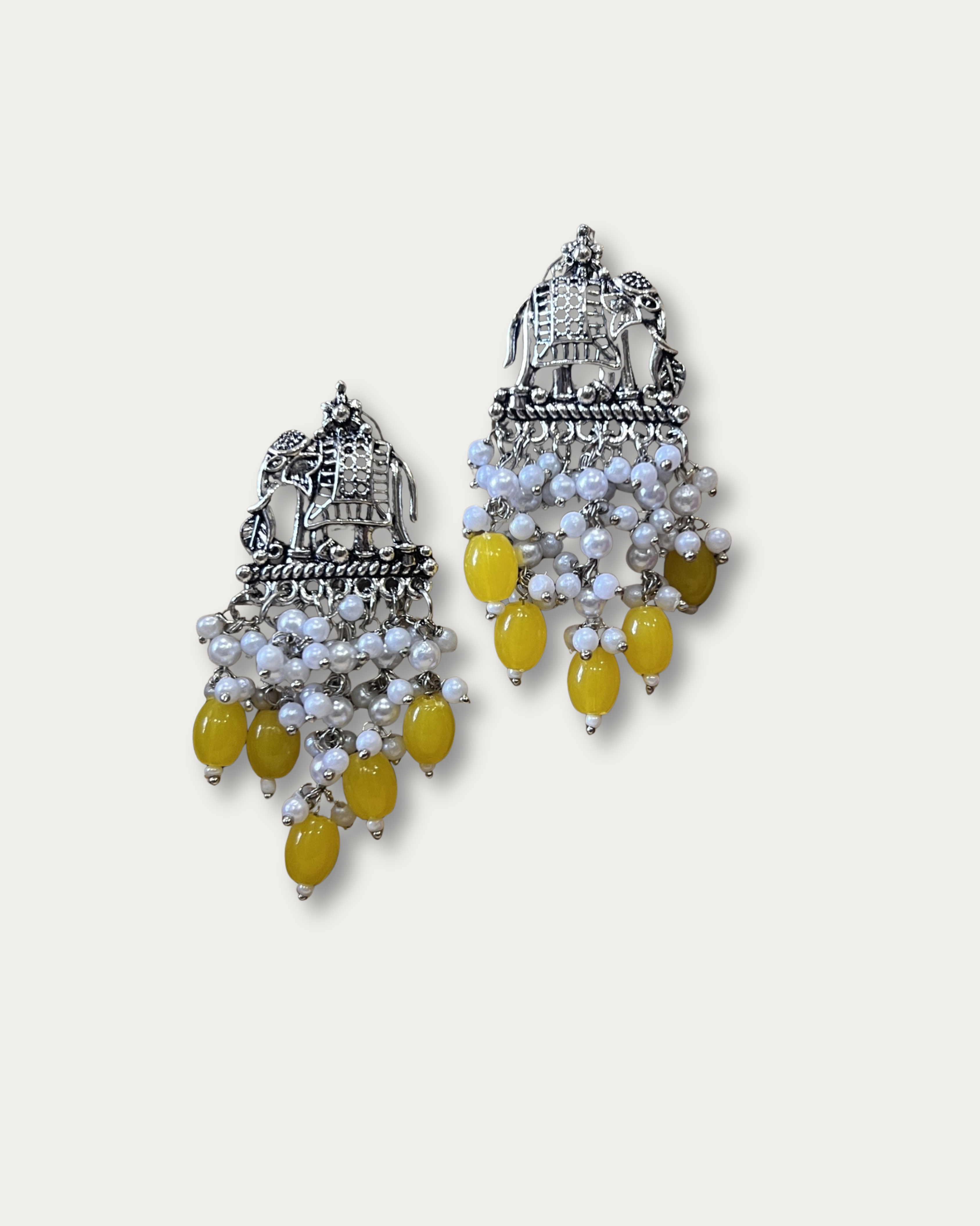 Oxidized Silver Elephant Jhumka Earrings - Pearl Dangle