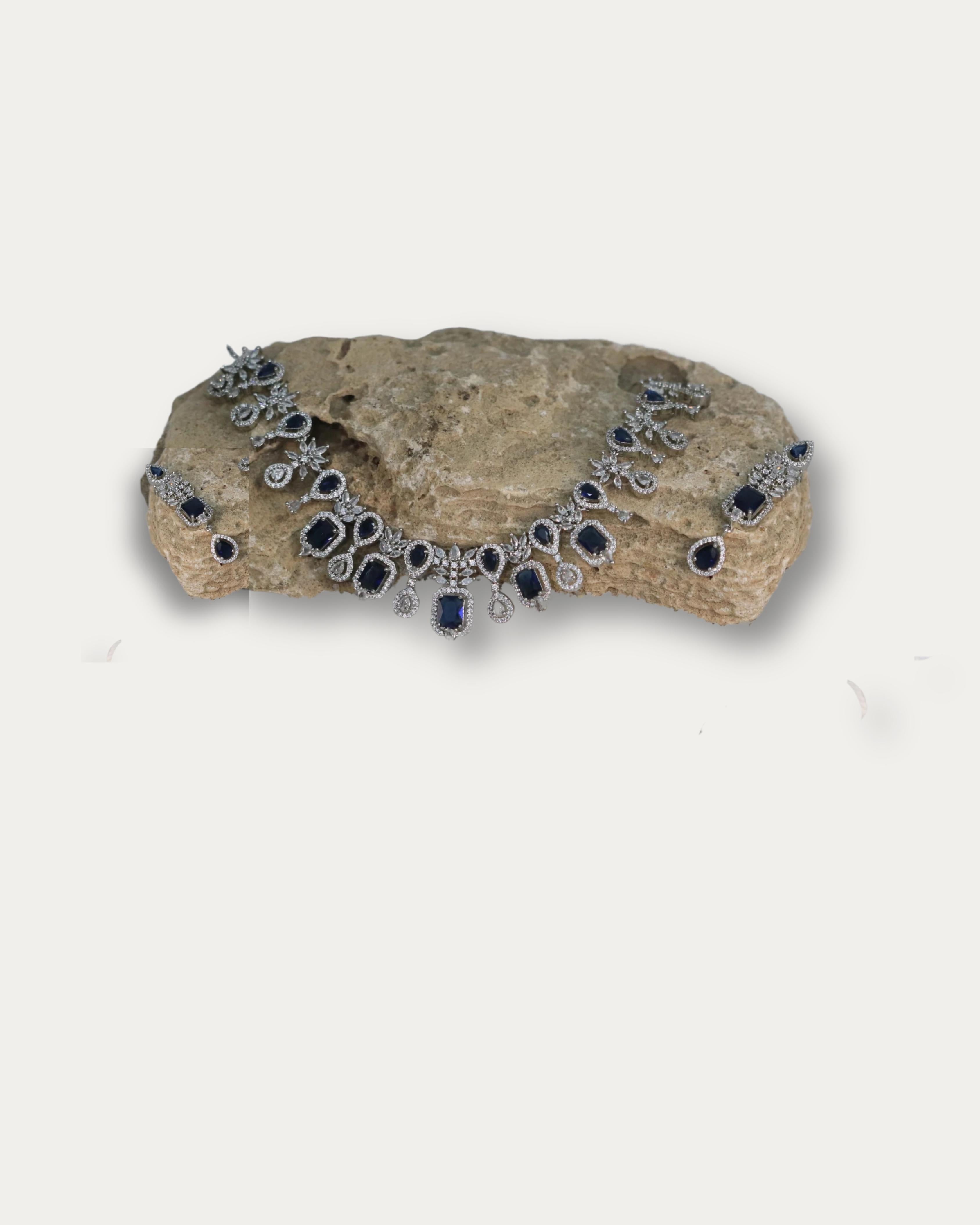 Royal Blue Gemstone Silver-Tone Necklace and Dangle Earrings Set