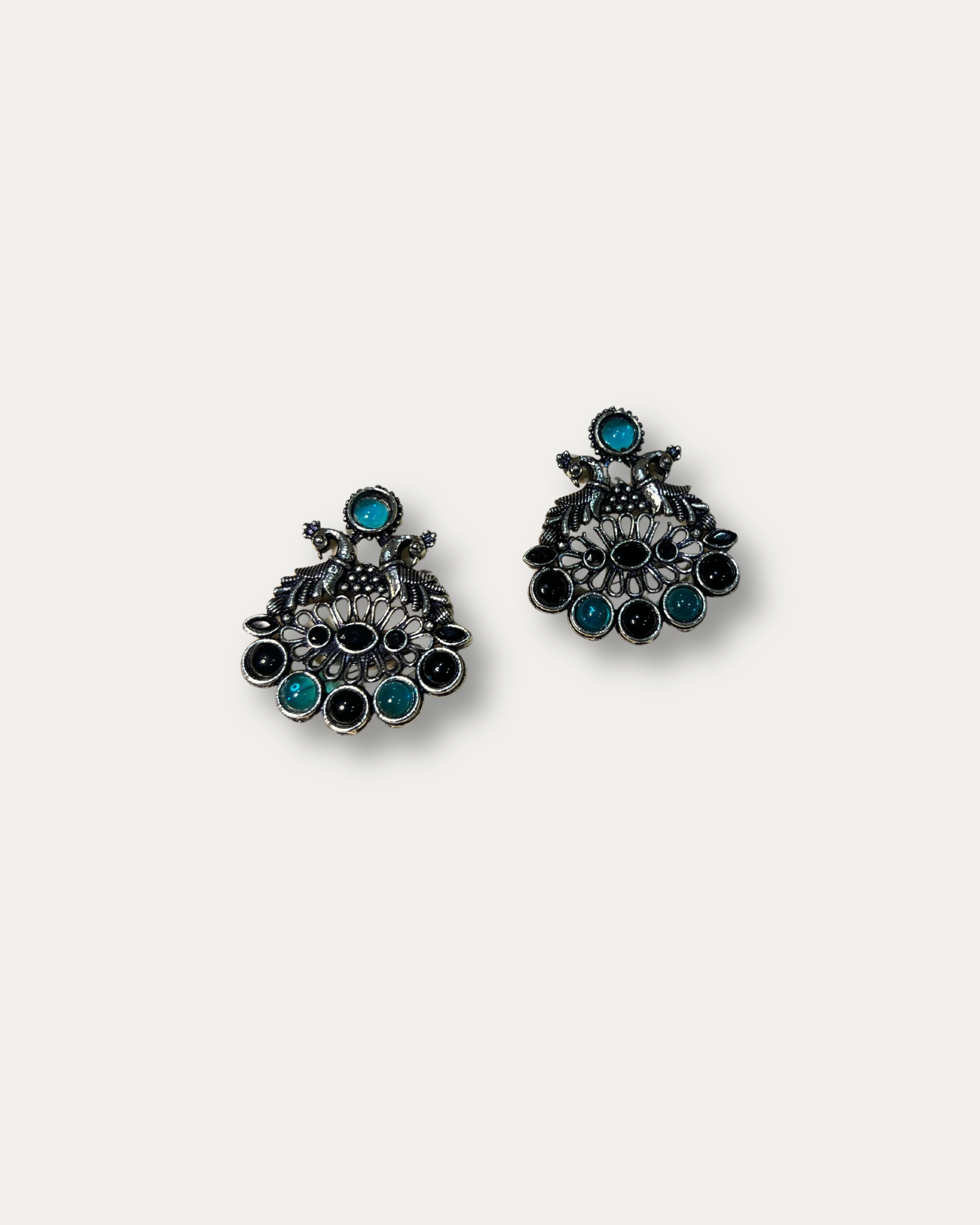 Traditional Oxidized Silver Peacock Jhumka Earrings with Pearls